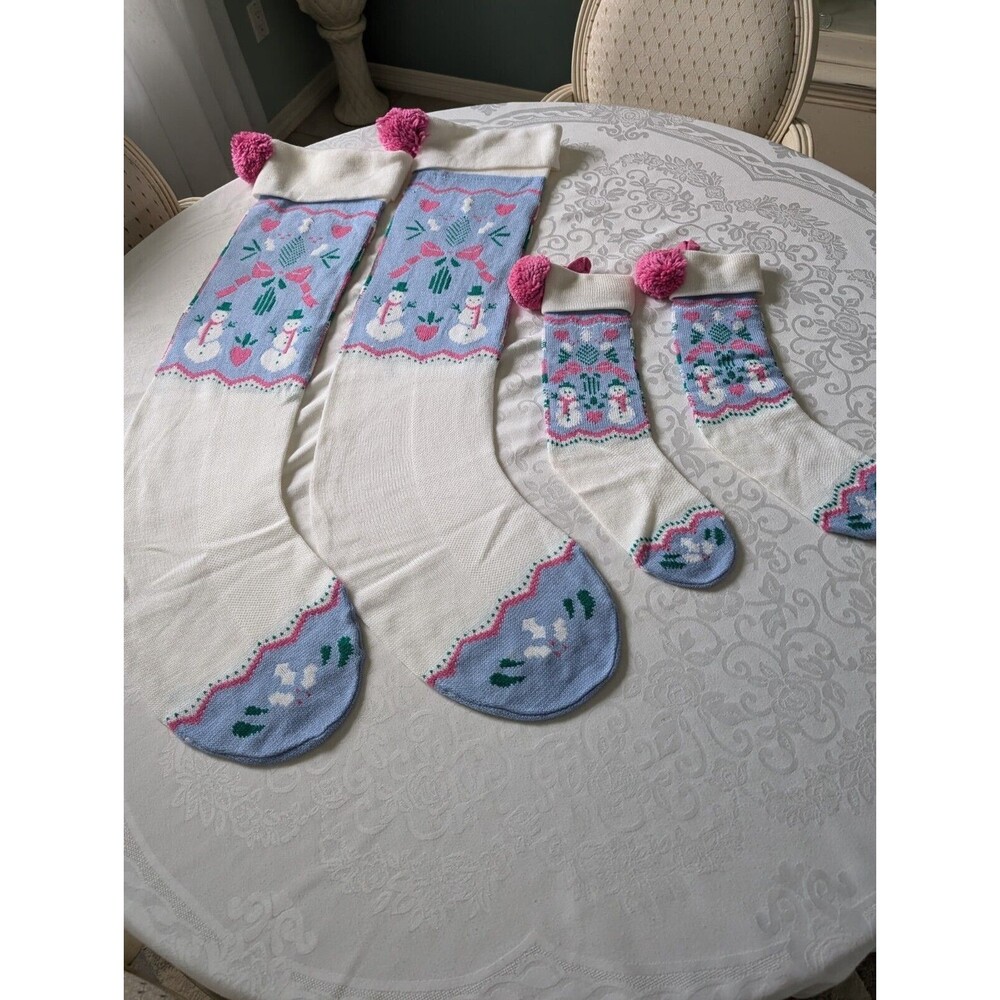 4 Snowman Christmas Stockings Pink Blue Knit Country HUGE Folk Art Pastel